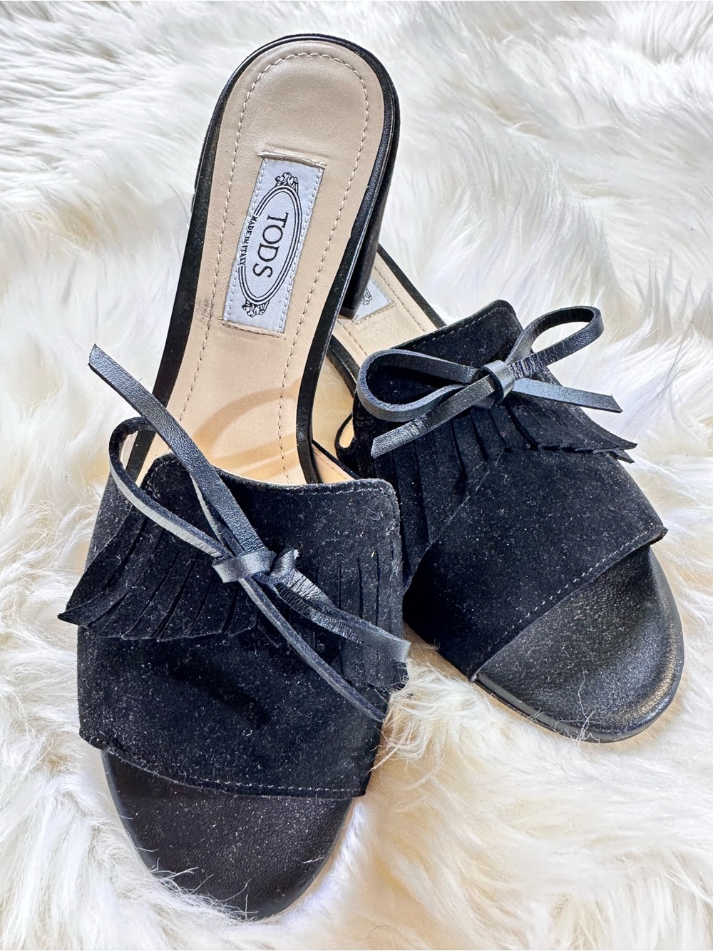 Tod’s Black Suede Fringe Mule Sandals Made in Italy • Size EU 37